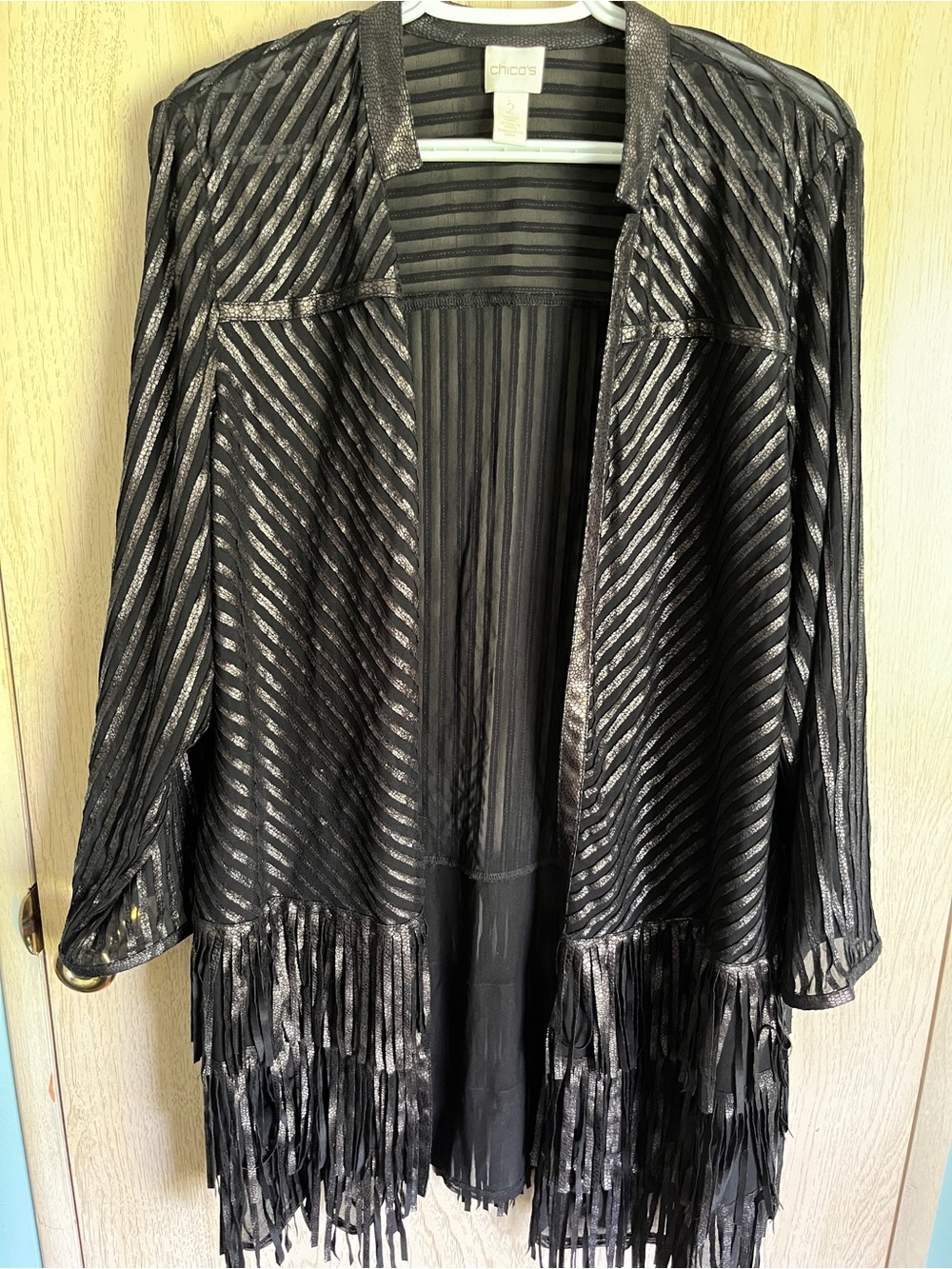 CHICOs Fringe Open Front Textured Faux Leather Snakeskin Strip Jacket Sz 2 /12 L